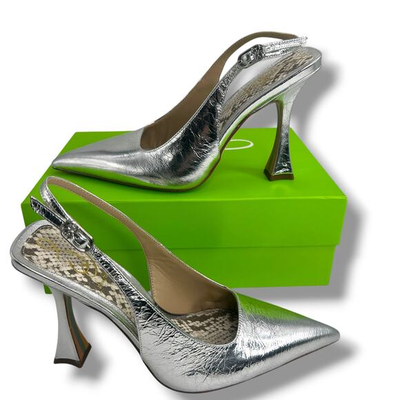NEW Sam Edelman Odette Slingback Heels Size 8 Metallic Silver Leather Pumps - Picture 2 of 12
